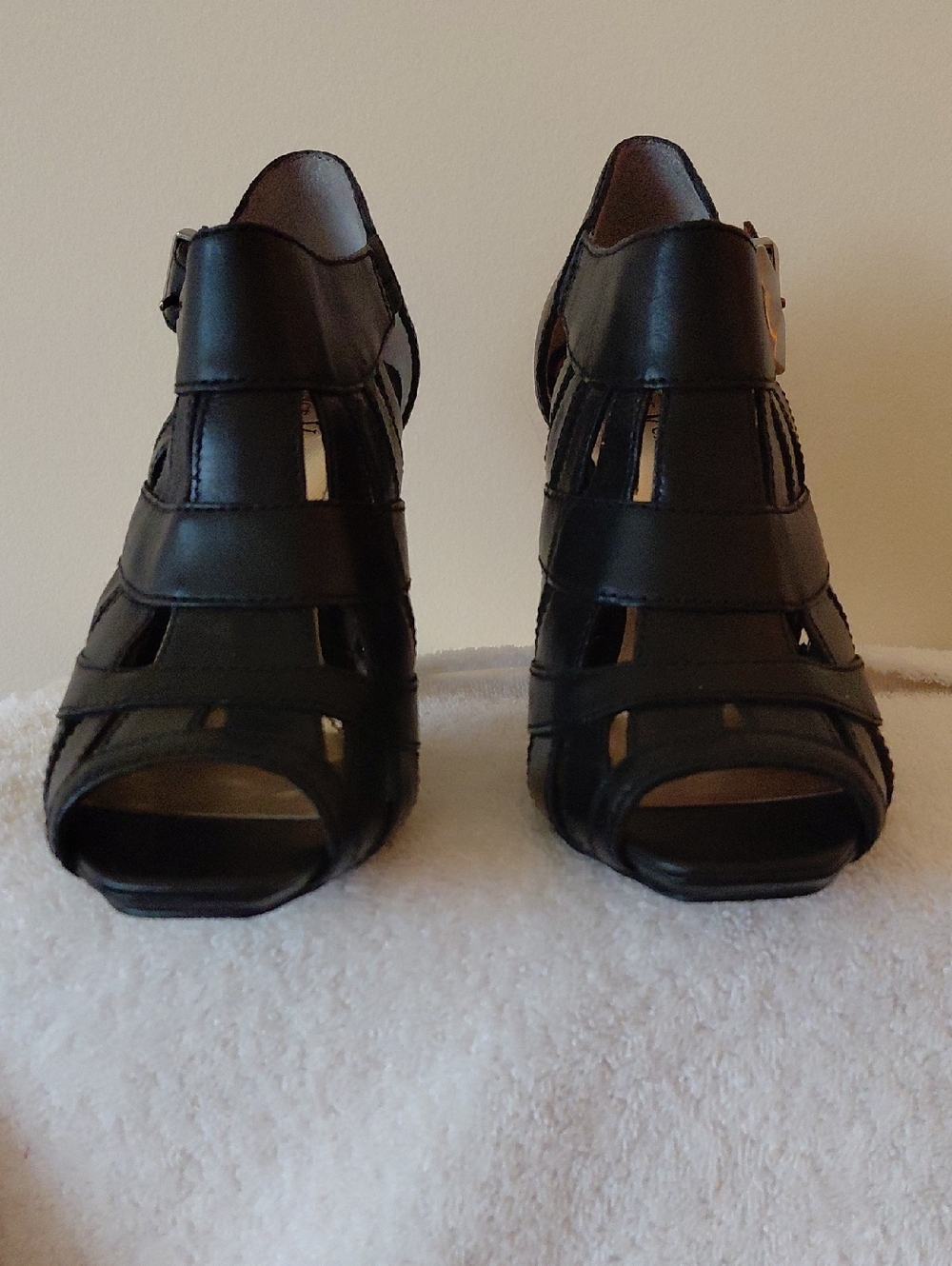 Black Strappy Peep-Toe High Heels with Buckle